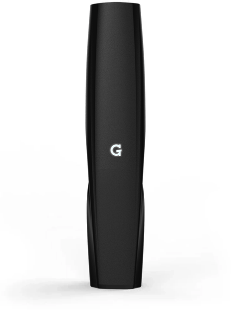 Front view of the G Pen Gio battery in sleek black. This compact 180mAh draw-activated vaporizer features a durable zinc-alloy casing designed exclusively for use with proprietary G Pen Gio extract cartridges.