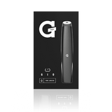 Front view of the G Pen Gio battery in black displayed next to its branded white retail packaging. This discrete extract vaporizer kit includes the 180mAh battery and a USB charging cable for instant out-of-the-box convenience.
