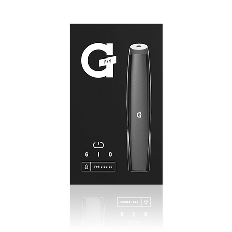 Front view of the G Pen Gio battery in black displayed next to its branded white retail packaging. This discrete extract vaporizer kit includes the 180mAh battery and a USB charging cable for instant out-of-the-box convenience.