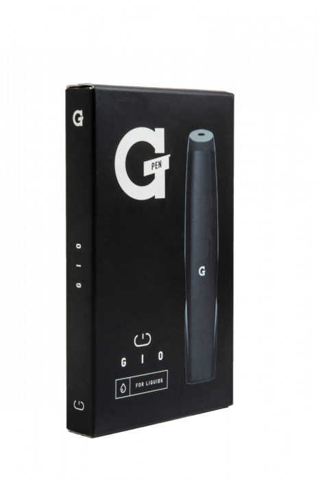 Front view of the G Pen Gio battery in black displayed next to its branded white retail packaging. This discrete extract vaporizer kit includes the 180mAh battery and a USB charging cable for instant out-of-the-box convenience.