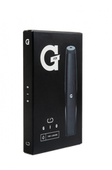 Front view of the G Pen Gio battery in black displayed next to its branded white retail packaging. This discrete extract vaporizer kit includes the 180mAh battery and a USB charging cable for instant out-of-the-box convenience.