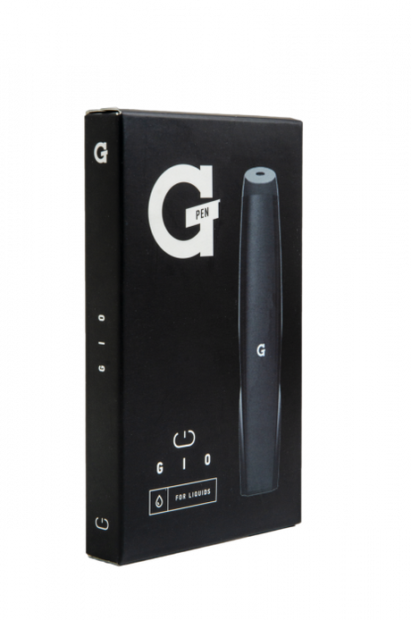 Front view of the G Pen Gio battery in black displayed next to its branded white retail packaging. This discrete extract vaporizer kit includes the 180mAh battery and a USB charging cable for instant out-of-the-box convenience.