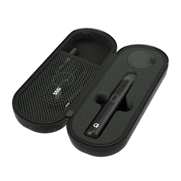 Angled overhead view of the complete G Pen Micro+ concentrate vaporizer kit securely packed inside its premium black hemp travel case. This comprehensive set holds the device, a USB-C charging cable, and a branded keychain dab tool for effortless sessions anywhere.