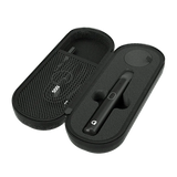 Angled overhead view of the complete G Pen Micro+ concentrate vaporizer kit securely packed inside its premium black hemp travel case. This comprehensive set holds the device, a USB-C charging cable, and a branded keychain dab tool for effortless sessions anywhere.