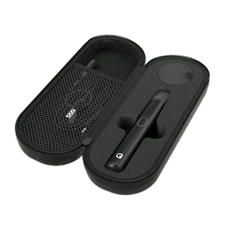Angled overhead view of the complete G Pen Micro+ concentrate vaporizer kit securely packed inside its premium black hemp travel case. This comprehensive set holds the device, a USB-C charging cable, and a branded keychain dab tool for effortless sessions anywhere.