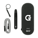 Front view of the G Pen Micro+ concentrate vaporizer in sleek black. This portable, dual-use dab pen features smart-chip technology and a quartz-lined ceramic heating chamber for superior flavor on the go.