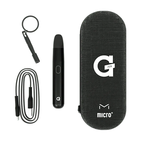 Front view of the G Pen Micro+ concentrate vaporizer in sleek black. This portable, dual-use dab pen features smart-chip technology and a quartz-lined ceramic heating chamber for superior flavor on the go.