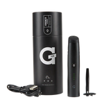 Overhead spread view of the G Pen Pro Dry Herb Vaporizer Kit in black, arranged alongside its included accessories. The complete kit includes the vaporizer, a USB charging cable, cleaning brush, packing tool, and a signature G-card grinder for ultimate convenience.