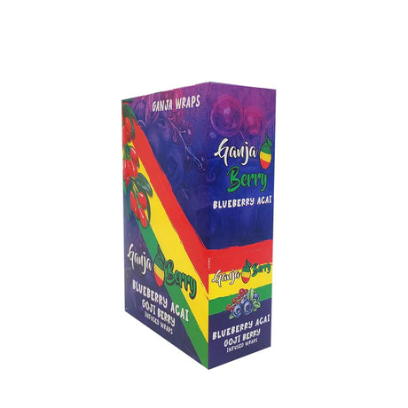 Angled overhead view of the Ganja Berry Infused Wraps 24-count display box in vibrant blue and yellow green packaging. Crafted from real goji berries, these tobacco-free and nicotine-free wraps provide a slow, even burn with a naturally sweet flavor profile.