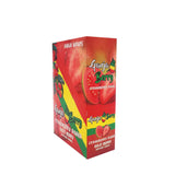 Angled overhead view of the Ganja Berry Infused Wraps 24-count display box in vibrant red and yellow green packaging. Crafted from real goji berries, these tobacco-free and nicotine-free wraps provide a slow, even burn with a naturally sweet flavor profile.