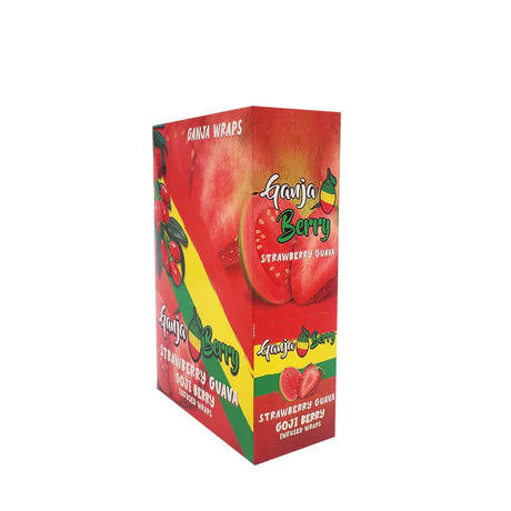 Angled overhead view of the Ganja Berry Infused Wraps 24-count display box in vibrant red and yellow green packaging. Crafted from real goji berries, these tobacco-free and nicotine-free wraps provide a slow, even burn with a naturally sweet flavor profile.