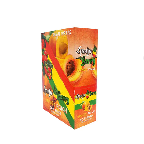 Angled overhead view of the Ganja Berry Infused Wraps 24-count display box in vibrant orange and yellow green packaging. Crafted from real goji berries, these tobacco-free and nicotine-free wraps provide a slow, even burn with a naturally sweet flavor profile.