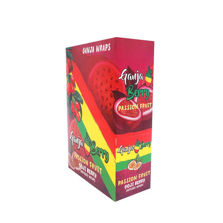Angled overhead view of the Ganja Berry Infused Wraps 24-count display box in vibrant red and yellow green packaging. Crafted from real goji berries, these tobacco-free and nicotine-free wraps provide a slow, even burn with a naturally sweet flavor profile.