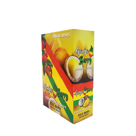 Angled overhead view of the Ganja Berry Infused Wraps 24-count display box in vibrant yellow and red green packaging. Crafted from real goji berries, these tobacco-free and nicotine-free wraps provide a slow, even burn with a naturally sweet flavor profile.