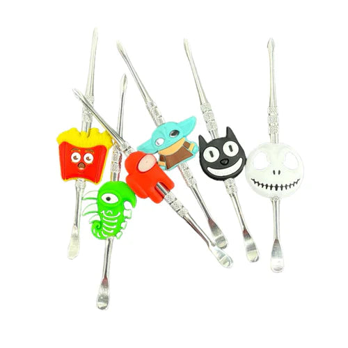 Flat lay view of multiple Glizzy Stainless Steel Dabbers scattered to show an assortment of bright colors and themed handle designs. This 30-count bulk pack provides smoke shop retailers with a highly visible, low-cost impulse buy for dabbing enthusiasts.