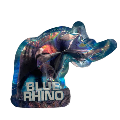 Front view of a single 2-count pouch of Rhino Gummies in the blue variant packaging. This specialized male enhancement gummy formulation utilizes a natural herbal blend to safely enhance stamina and overall physical performance.