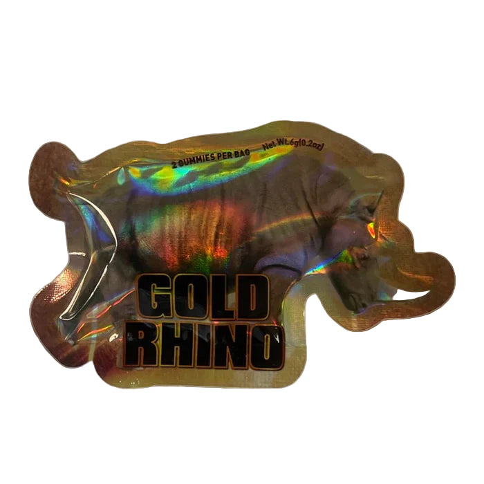 Front view of a single 2-count pouch of Rhino Gummies in the gold variant packaging. These convenient, chewable dietary supplement gummies offer a fast-acting botanical blend designed to support maximum male vitality, energy, and intimate wellness.