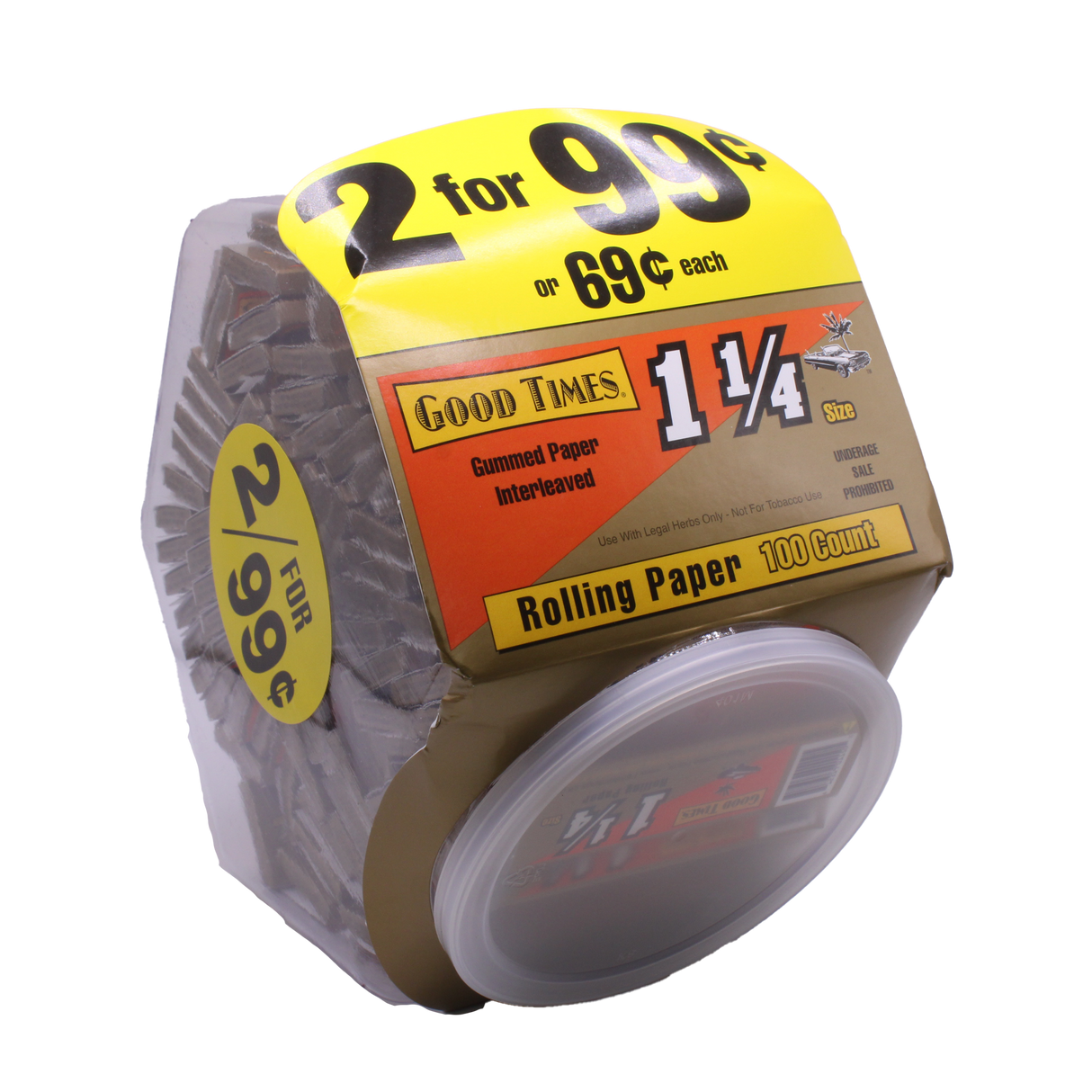 Front view of the Good Times 1 1/4 rolling papers 100-count display box. Featuring classic red and white packaging, this B2B-ready carton houses an expansive one hundred individual booklets.