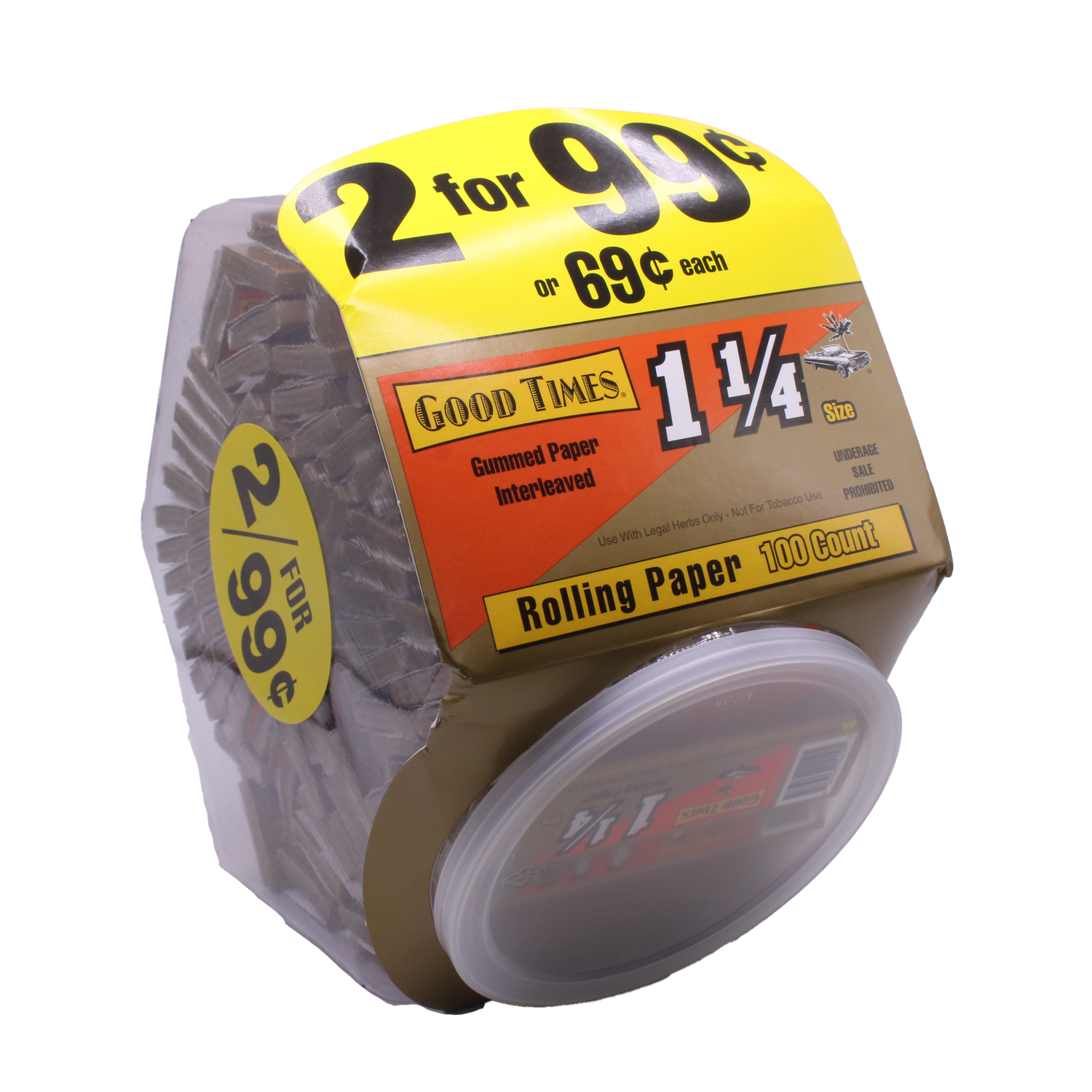 Front view of the Good Times 1 1/4 rolling papers 100-count display box. Featuring classic red and white packaging, this B2B-ready carton houses an expansive one hundred individual booklets.