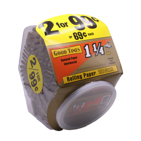 Front view of the Good Times 1 1/4 rolling papers 100-count display box. Featuring classic red and white packaging, this B2B-ready carton houses an expansive one hundred individual booklets.