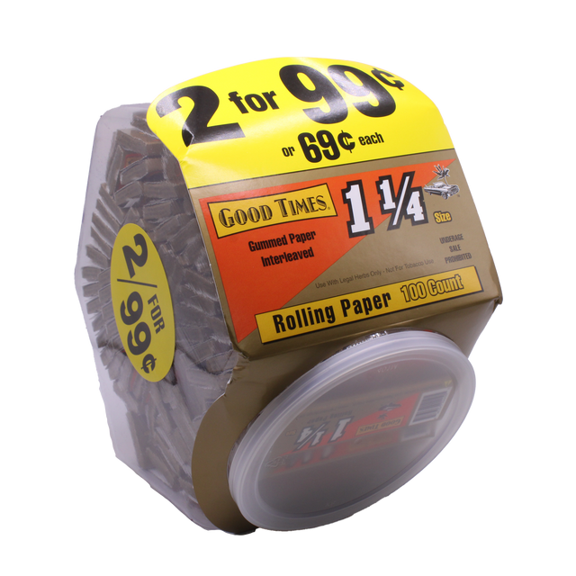 Front view of the Good Times 1 1/4 rolling papers 100-count display box. Featuring classic red and white packaging, this B2B-ready carton houses an expansive one hundred individual booklets.
