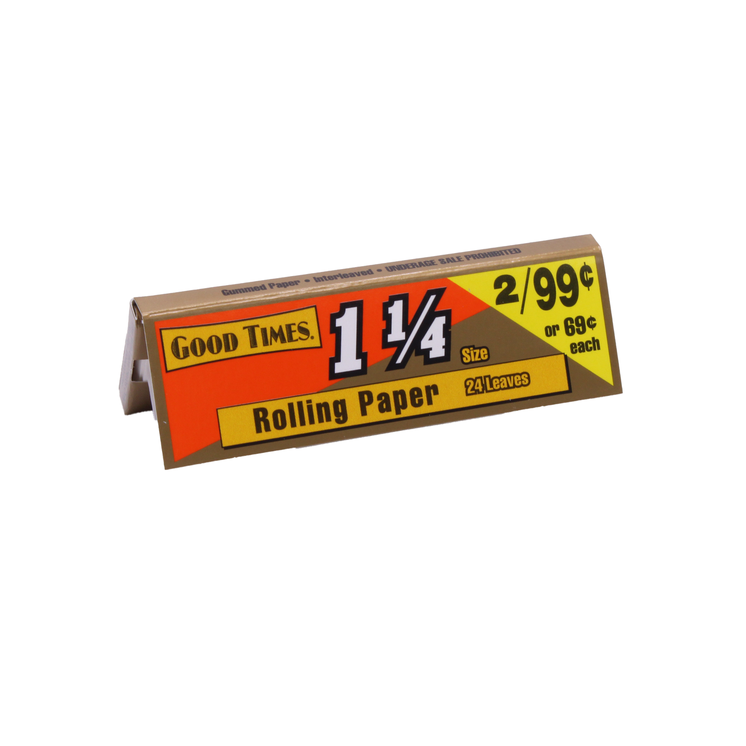 Angled overhead view of the open Good Times rolling papers display box showing the individual red booklets. These traditional papers deliver a dependable, steady combustion rate without introducing harsh chemical tastes.