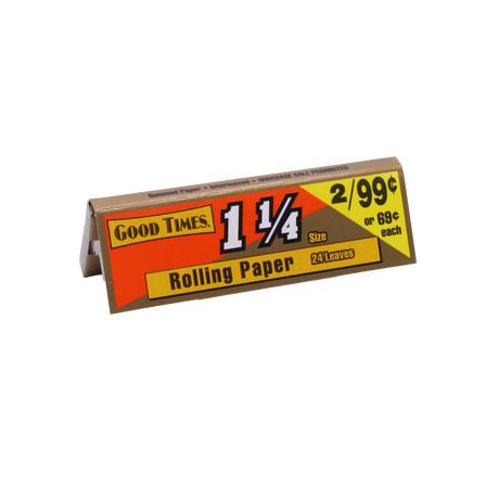 Angled overhead view of the open Good Times rolling papers display box showing the individual red booklets. These traditional papers deliver a dependable, steady combustion rate without introducing harsh chemical tastes.