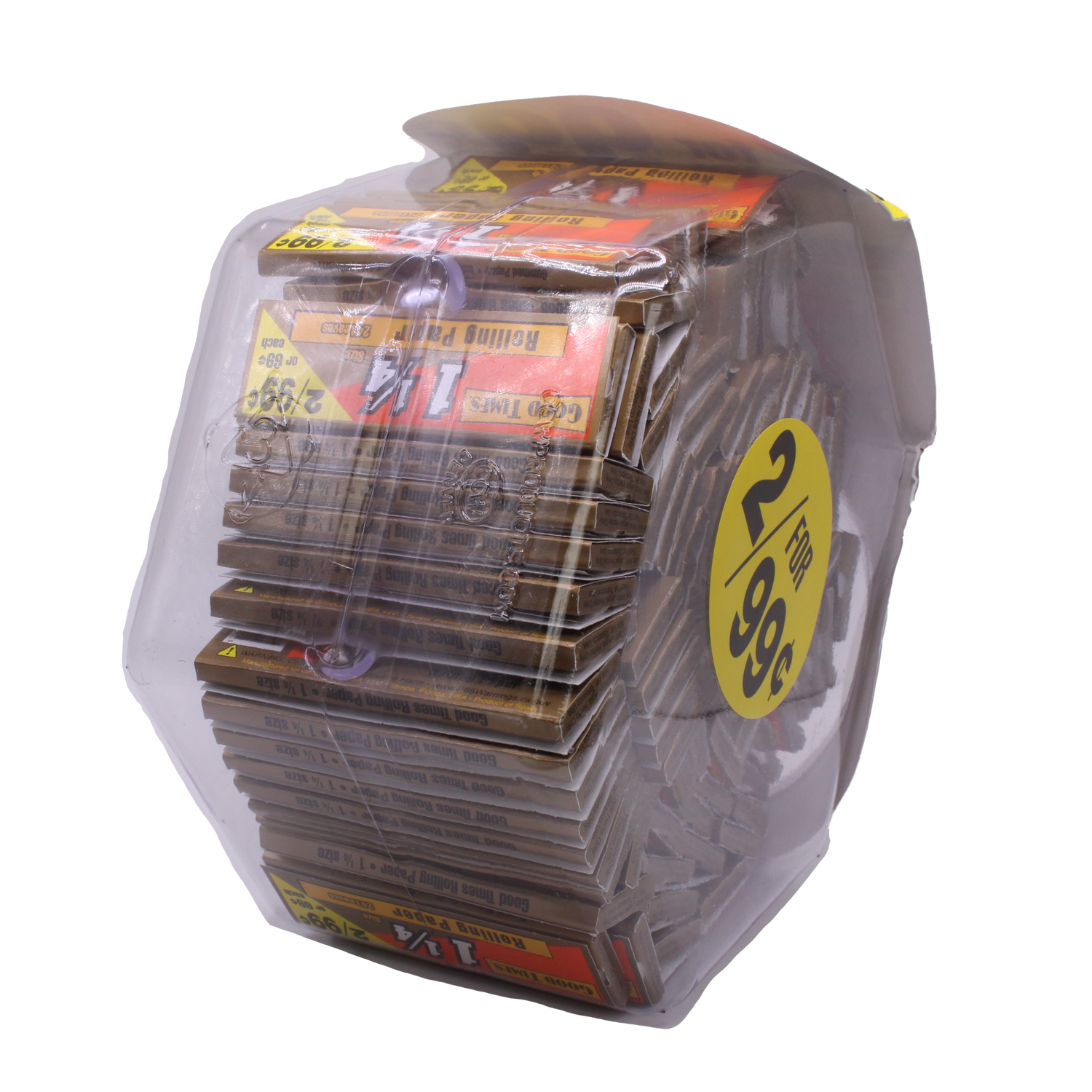 Front view of a single Good Times 1 1/4 rolling papers booklet in red and white. Designed in the standard 78mm format, they easily accommodate enough ground material for a regular, personal-sized session.