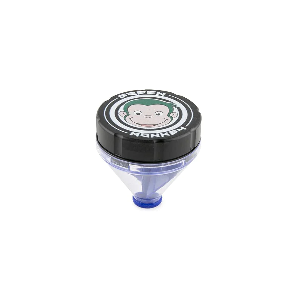 Front profile view of the Green Monkey Patas 50mm funnel grinder in sleek matte black. This innovative metal herb grinder features a built-in dispensing funnel for completely mess-free loading of your cones and glass bowls.