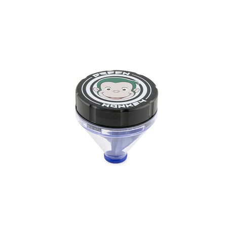 Front profile view of the Green Monkey Patas 50mm funnel grinder in sleek matte black. This innovative metal herb grinder features a built-in dispensing funnel for completely mess-free loading of your cones and glass bowls.