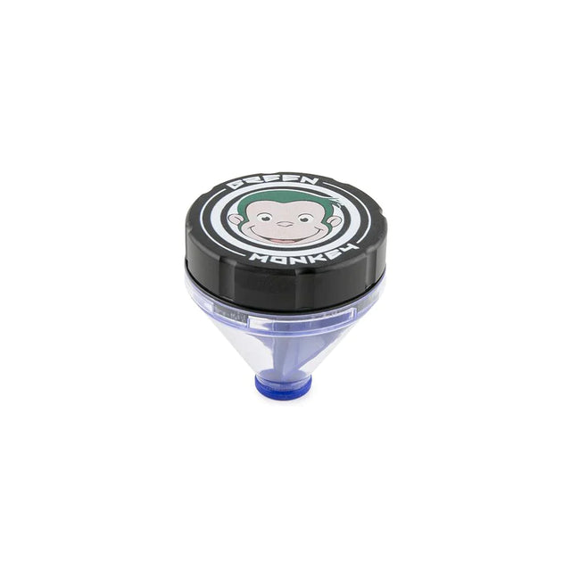 Front profile view of the Green Monkey Patas 50mm funnel grinder in sleek matte black. This innovative metal herb grinder features a built-in dispensing funnel for completely mess-free loading of your cones and glass bowls.