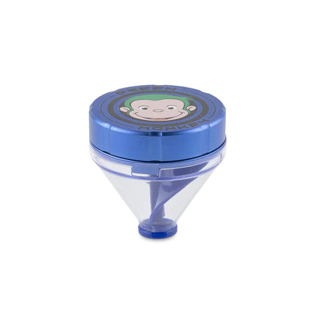 Front profile view of the Green Monkey Patas 50mm funnel grinder in sleek matte blue. This innovative metal herb grinder features a built-in dispensing funnel for completely mess-free loading of your cones and glass bowls.