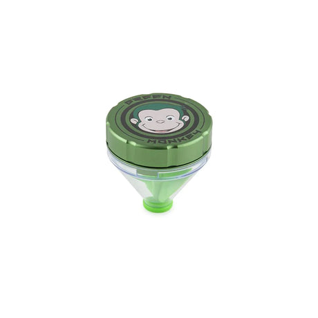 Front profile view of the Green Monkey Patas 50mm funnel grinder in sleek matte green. This innovative metal herb grinder features a built-in dispensing funnel for completely mess-free loading of your cones and glass bowls.