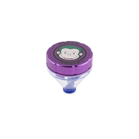 Front profile view of the Green Monkey Patas 50mm funnel grinder in sleek matte purple. This innovative metal herb grinder features a built-in dispensing funnel for completely mess-free loading of your cones and glass bowls.