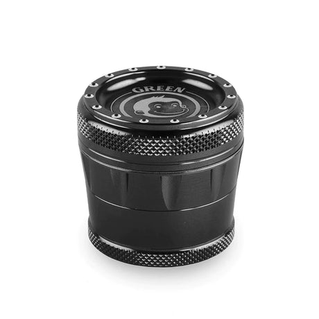 Front profile view of the Green Monkey Tamarin 50mm grinder in metallic black. This premium 4-piece aluminum herb grinder features a strong magnetic lid for secure, effortless shredding of your favorite dry herbs.