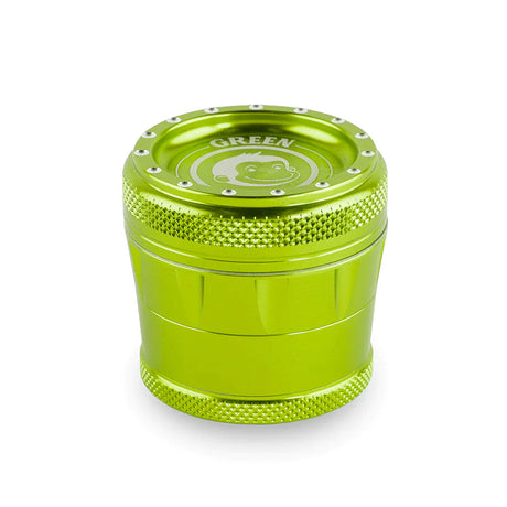 Front profile view of the Green Monkey Tamarin 50mm grinder in metallic green. This premium 4-piece aluminum herb grinder features a strong magnetic lid for secure, effortless shredding of your favorite dry herbs.