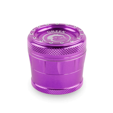 Front profile view of the Green Monkey Tamarin 50mm grinder in metallic purple. This premium 4-piece aluminum herb grinder features a strong magnetic lid for secure, effortless shredding of your favorite dry herbs.