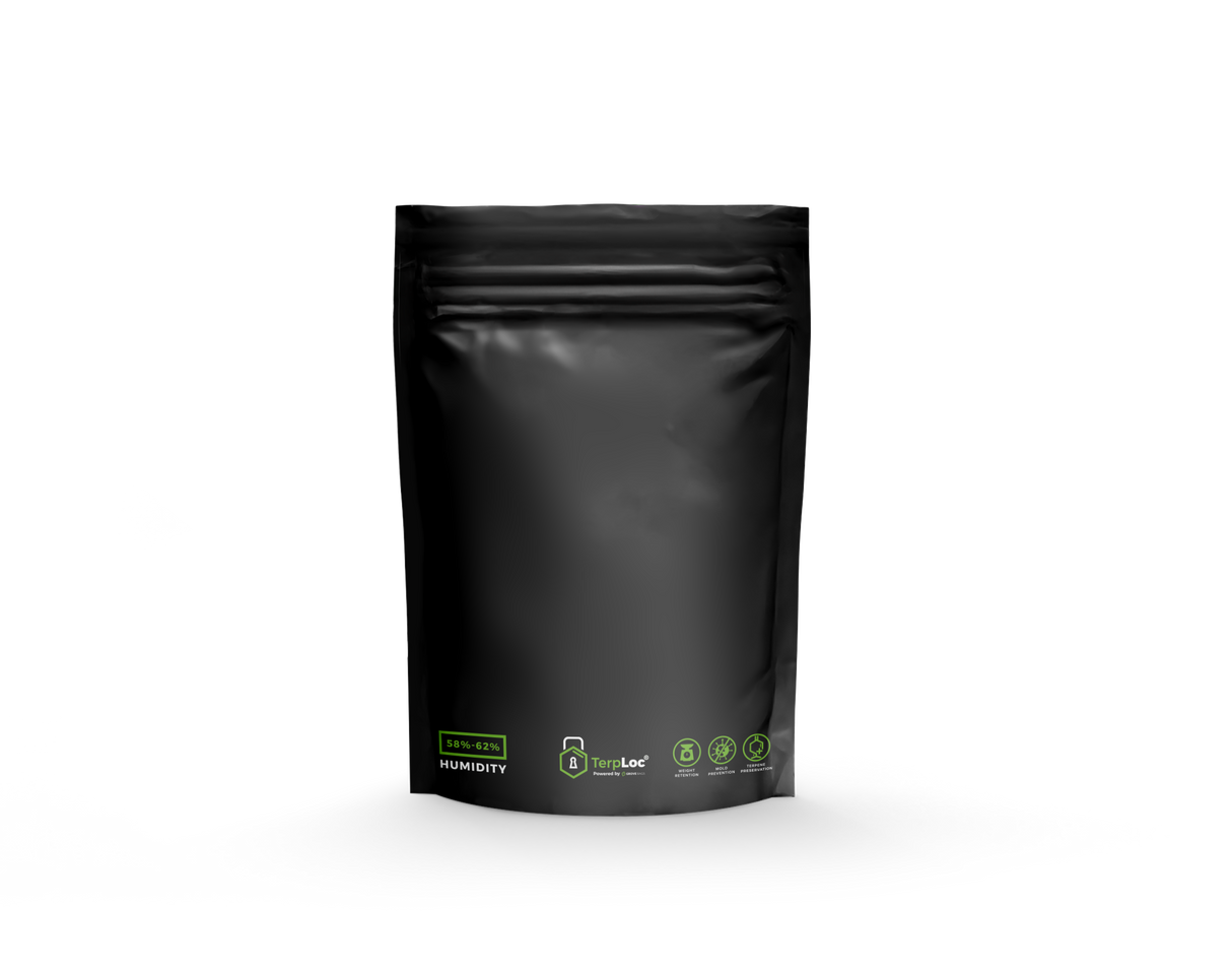 Front view of the Grove Bags TerpLoc 1-ounce opaque curing pouch in matte black. This completely windowless storage bag utilizes patented TerpLoc technology to maintain optimal humidity and block harmful UV light to preserve the potency of your dry herbs.