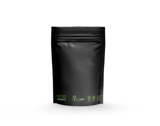 Front view of the Grove Bags TerpLoc 1-ounce opaque curing pouch in matte black. This completely windowless storage bag utilizes patented TerpLoc technology to maintain optimal humidity and block harmful UV light to preserve the potency of your dry herbs.