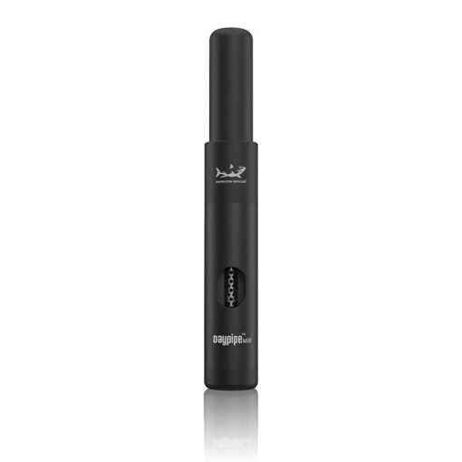 Front view of the Hamilton Devices Daypipe Mini in matte black. This sleek, battery-free handheld pipe features a multi-chamber internal core optimized for discrete on-the-go dry herb storage.