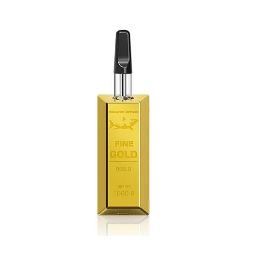 front profile view of the Hamilton Devices Gold Bar 480mAh battery in shiny gold with a standard glass oil cartridge securely inserted. Equipped with a reliable auto-draw mechanism, this buttonless vaporizer delivers smooth, instant vapor with every single inhale.