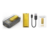 Angled overhead view of the complete Hamilton Devices Gold Bar 480mAh cartridge battery kit displayed next to its official branded retail packaging. This premium luxury starter set includes the heavy-duty zinc alloy gold bar battery base and a fast-charging Type-C USB cable.