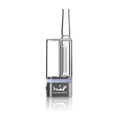 Front view of the Hamilton Devices KR1 cartridge and wax bubbler in a sleek gunmetal finish. This innovative 2-in-1 vaporizer features an integrated glass water chamber to cool and filter vapor from your favorite 510-thread cartridges or concentrates.