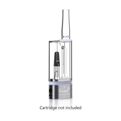 Front view of the Hamilton Devices KR1 cartridge and wax bubbler in a sleek silver finish. This innovative 2-in-1 vaporizer features an integrated glass water chamber to cool and filter vapor from your favorite 510-thread cartridges or concentrates.