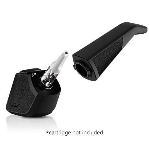 Side view of the Hamilton Devices PB1 pipe cartridge battery in black showing the body separated into two pieces. The twist-open internal compartment easily accommodates standard 0.5ml and 1.0ml 510-threaded oil cartridges.