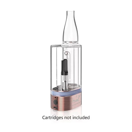 Front view of the Hamilton Devices PS1 double concentrate cartridge bubbler in a brushed copper finish. This innovative 2-in-1 vaporizer battery allows users to simultaneously draw from two 510-thread oil cartridges or wax coils through a cooling glass water chamber.