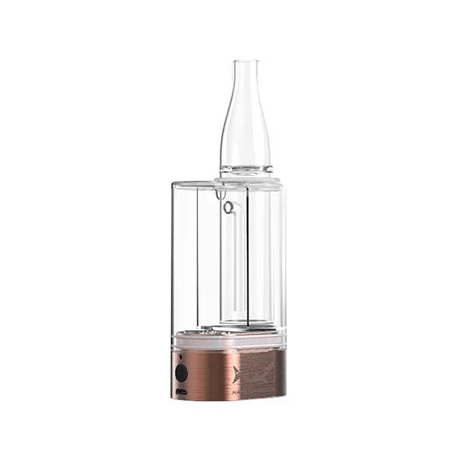 Front view of the Hamilton Devices PS1 double concentrate cartridge bubbler in a brushed copper finish. This innovative 2-in-1 vaporizer battery allows users to simultaneously draw from two 510-thread oil cartridges or wax coils through a cooling glass water chamber.
