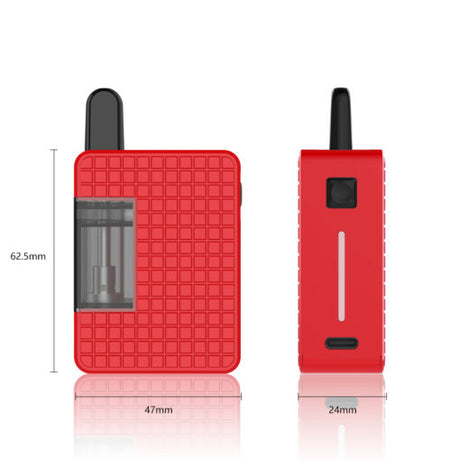 Angled view of the Hamilton Jet Stream Mini in bold red. Featuring a textured, box-style chassis, this discreet and travel-friendly cart battery provides a secure grip while protecting your enclosed glass cartridge from accidental drops.