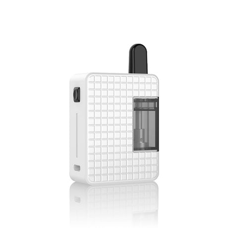 Angled view of the Hamilton Jet Stream Mini in clean white. With universal 510 threading and fast USB-C charging, this self-propelling vaporizer ensures reliable, button-activated performance for your favorite botanical extracts.