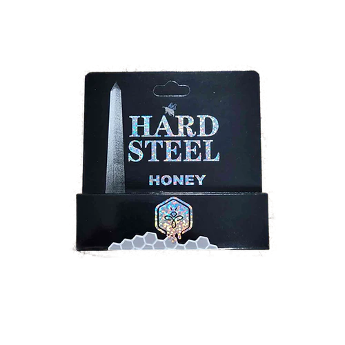 Angled overhead view of the Hard Steel Honey Vita Gummies 24-pack retail display box in bold black and gold packaging. This professional wholesale countertop display holds 24 individual packs of male enhancement gummies formulated to boost stamina, endurance, and overall physical performance.